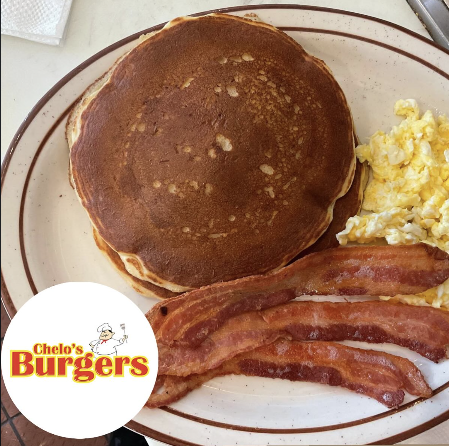 Pancakes, eggs and bacon