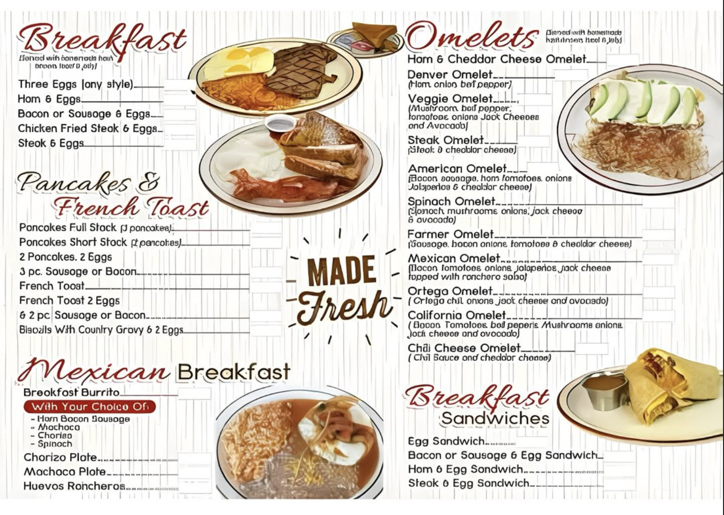 Chelo's Burgers printed breakfast menu — breakfast, pancakes, omelets, Mexican breakfast and breakfast sandwiches